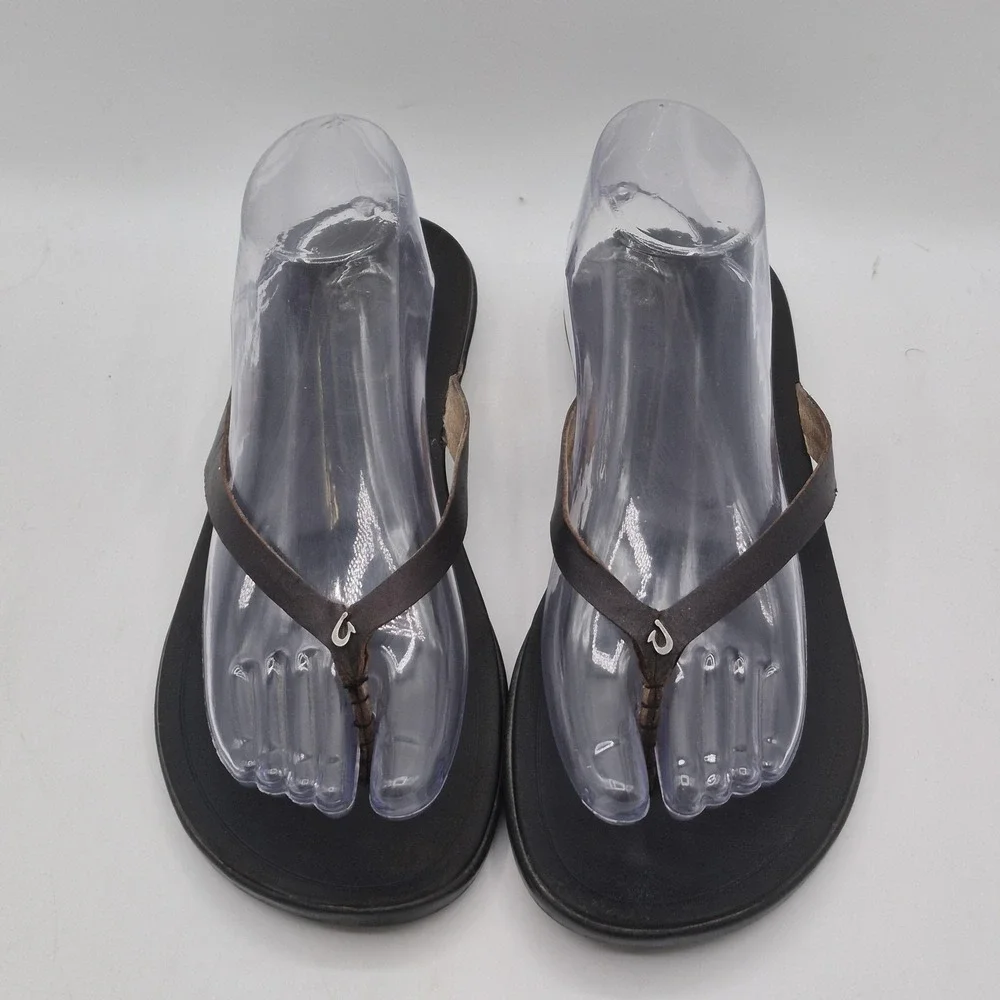 OluKai Sandals Womens Size 10 Brown Leather Thong Flip Flops Black‎ Sole Comfort